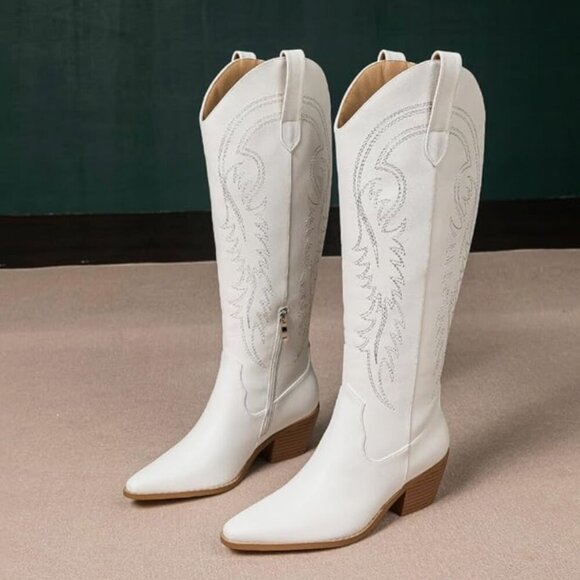 Women White Western Cowboy Boots Knee High Pointed Toe Cowgirl Boots With Zipper - Picture 2 of 5